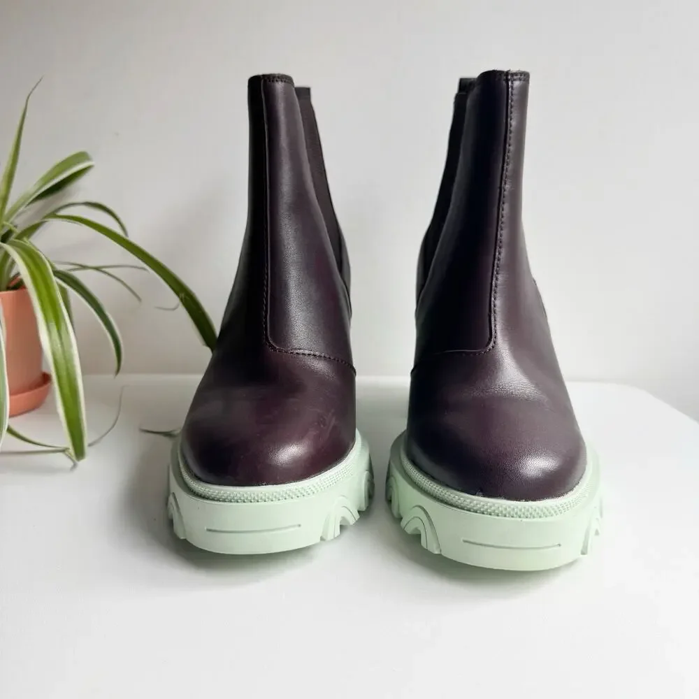 Sorel Brex Brown Leather Mint Green Chunky Lug Heel Ankle Boots Size 8.5